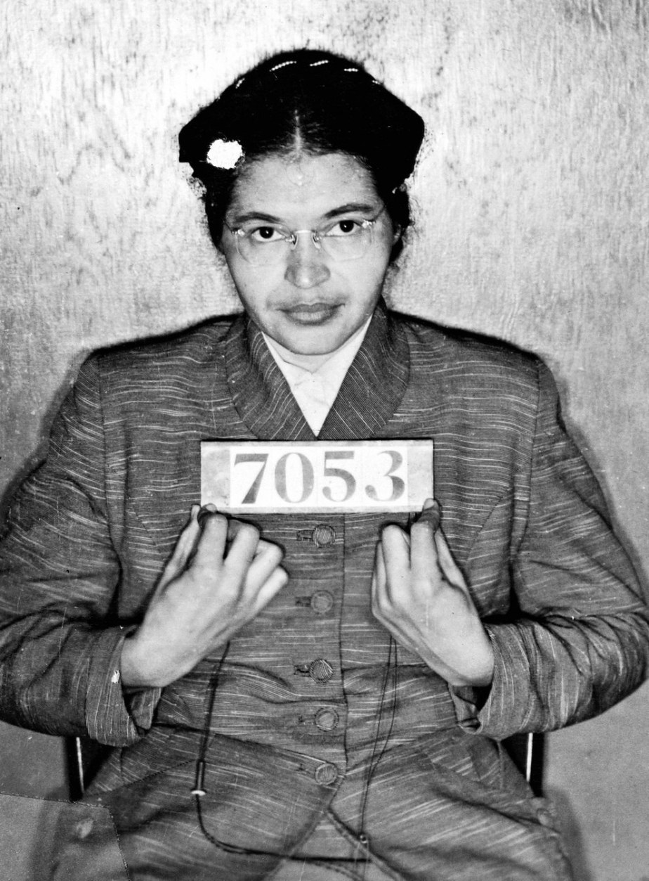 Rosa Parks's mugshot in 1955 after refusing to give up her seat on a public bus to a white passenger.